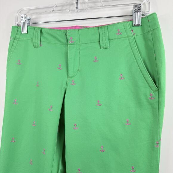 Lilly Pulitzer Vintage Palm Beach Fit Green Capri Pants Size 2 Pink Anchors - Picture 4 of 12
